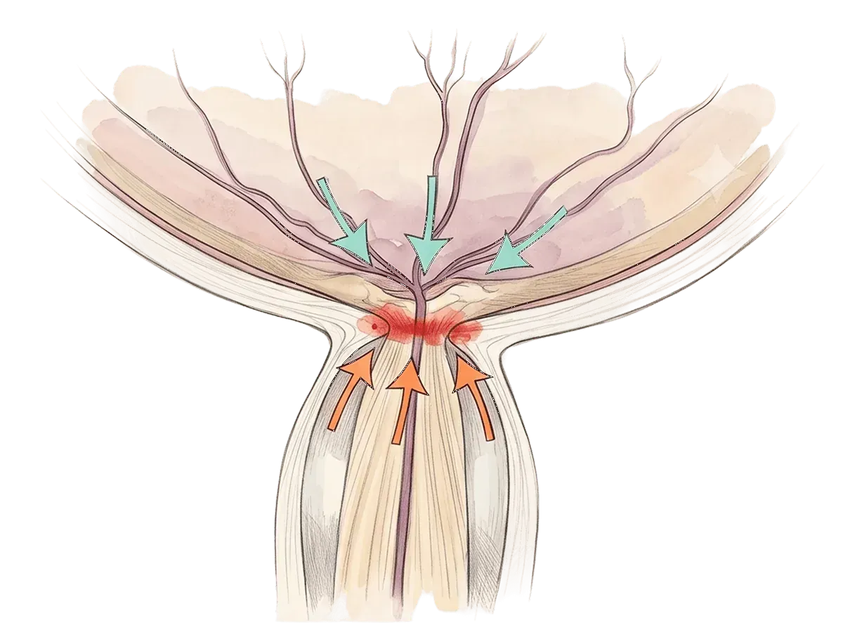 Optic nerve head showing opposing pressure from inside the eye and around the nerve.