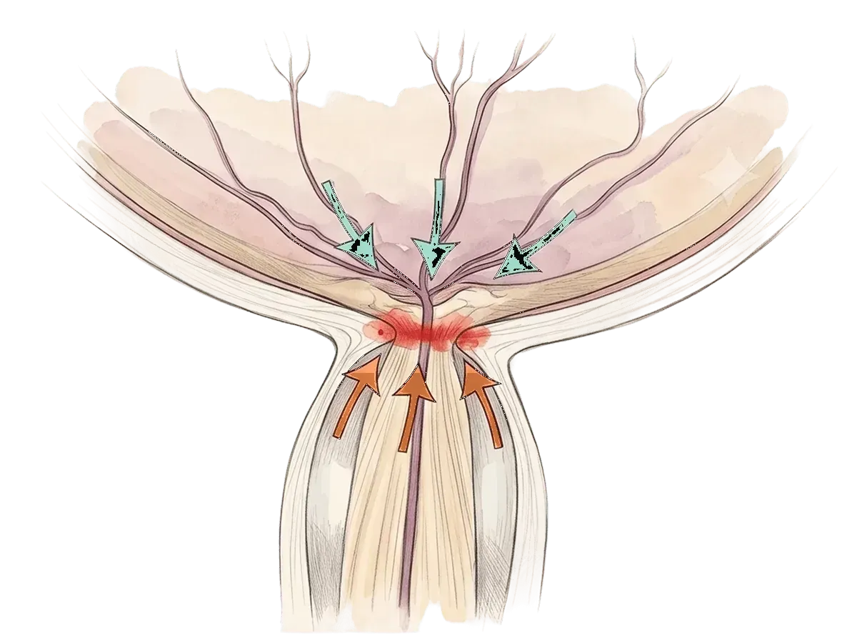 Optic nerve head showing opposing pressure from around the nerve.
