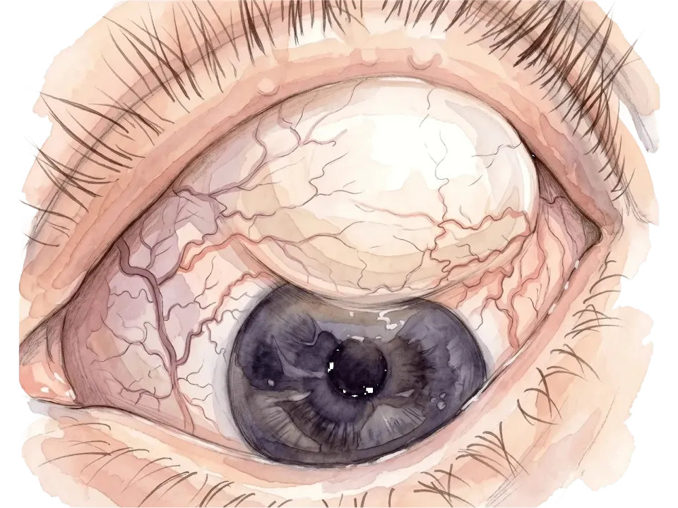 Clinical illustration of a filtering bleb after conventional glaucoma surgery.