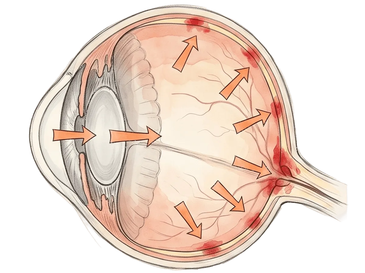 Cross-section of the eye showing pressure from within the globe.