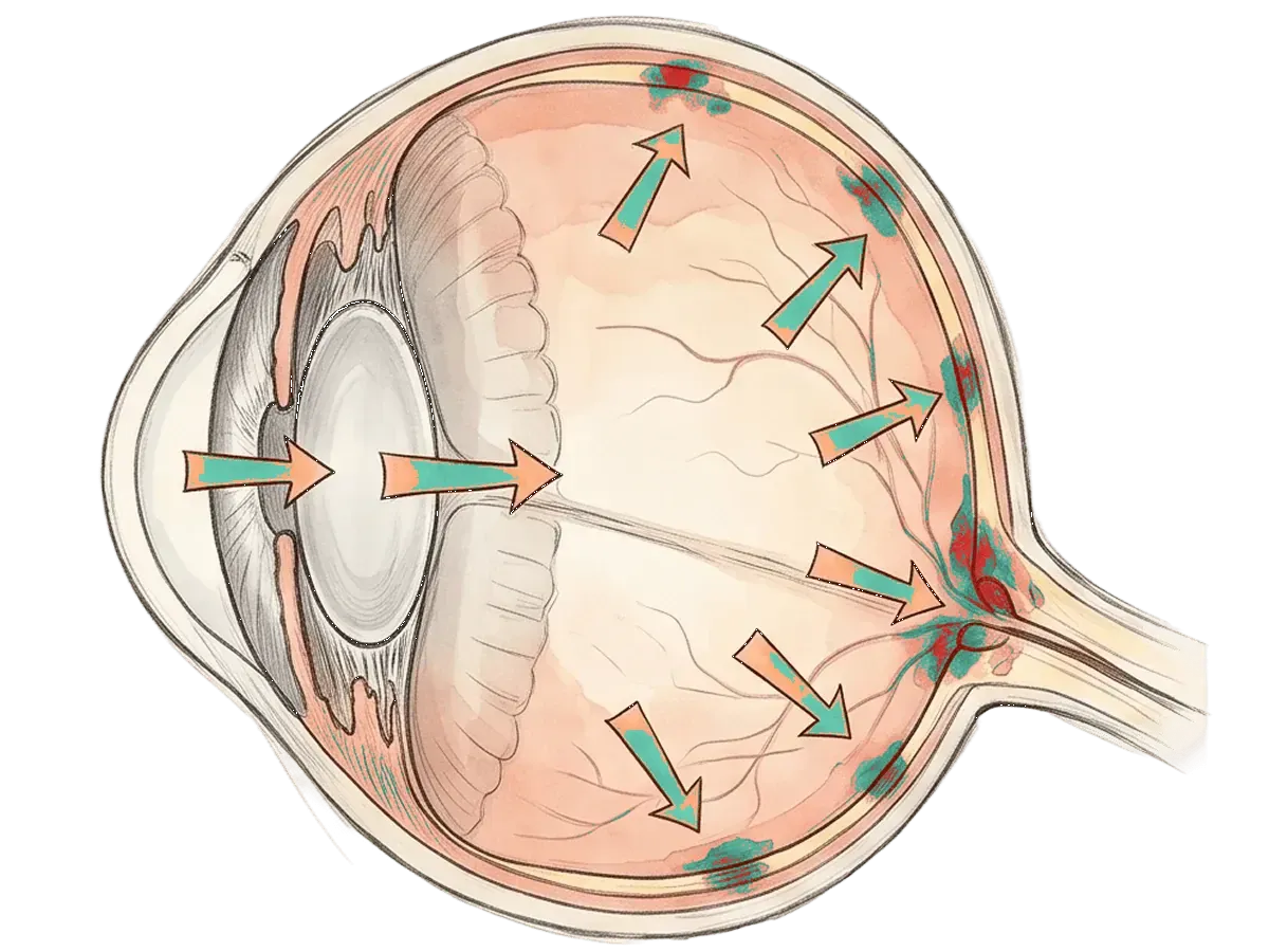 Cross-section of the eye showing pressure from within the globe.