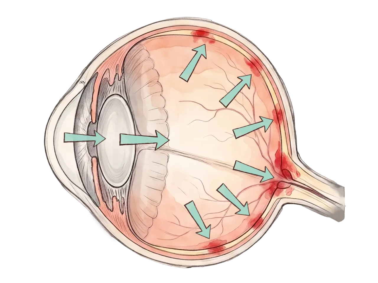 Cross-section of the eye showing pressure from within the globe.