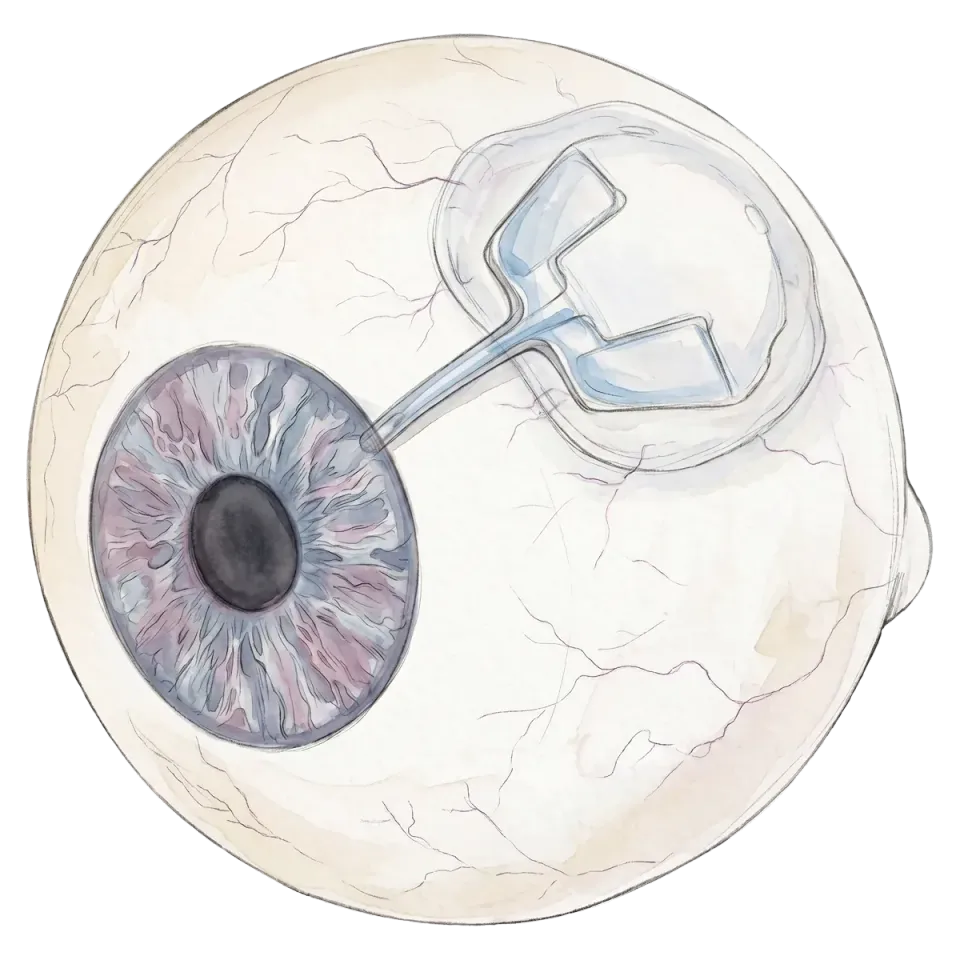 Overview illustration of conventional glaucoma shunt treatment.
