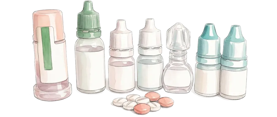 Illustration of topical IOP-lowering eye drops and tablets.