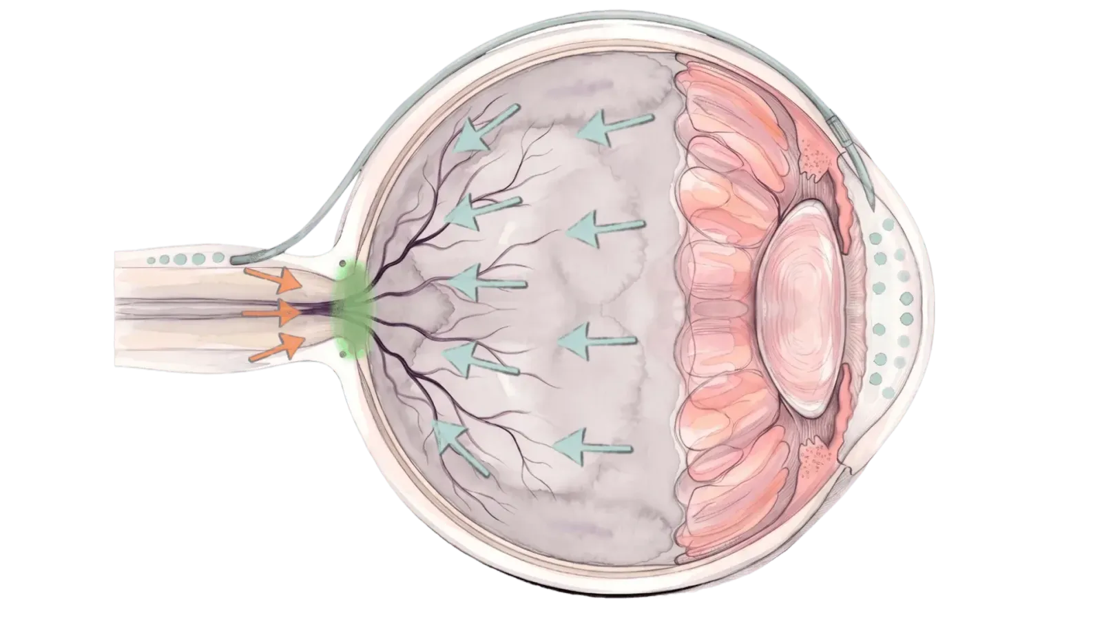 Cross-section of QMAX implant equalizing pressure at the optic nerve head.